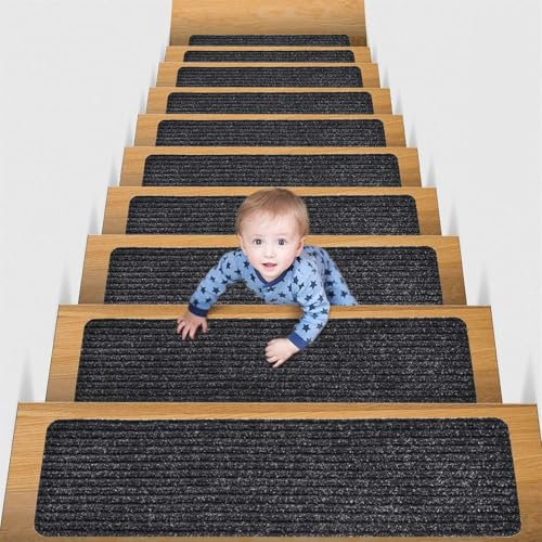 Herfair Treppenstufen Matten Treppenteppich 15 Stück Stufenmatten Selbstklebend Treppenstufen Antirutsch 76x20 cm Rechteckig Teppich Waschbar für Treppenschutz (C)