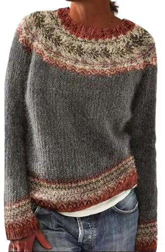 JIABAOZ Norweger Pullover Damen Kaschmir, Eleganter Bunter Strickpullover, Weicher Wollpullover mit Rundhals und Langarm, Warmes Herbst-Winter Outfit in Großen Größen (3XL,Dark Gray)