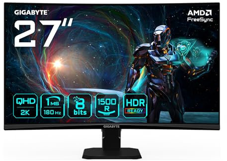 GIGABYTE GS27QCA 27 Moniteur Gaming Incurvé QHD - 2560 x 1440, 180Hz, 1ms, 250 CD/m², FreeSync, HDR Ready, HDMI 2.0, DisplayPort 1.4