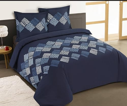 Vision - Parure de lit Nora - 100% Coton - Bleu - Set de Housse de Couette 260x240 cm avec 2 taies d'oreiller pour lit Kingsize 2 Personnes - Fibres Naturelles - Oekotex