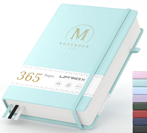 Umriox Lined Journal Notebook 365 Pages,A5 Leather Journal 100gsm Thick Paper,Hardcover Notebook with Inner Pocket,Pen Holder and Ribbon for Travel,Work,School,14.5 x 21.4cm-Celeste