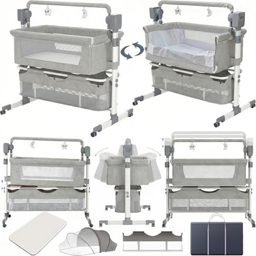 MoLi Beistellbett Baby mit Rollen, Convertible Faltbar Co-Sleeping Babybett, Stubenwagen Baby Kleinkind Wiege mit Musik, Fernbedienung und 5-schwankende Zahnräder (601 Light Grey)
