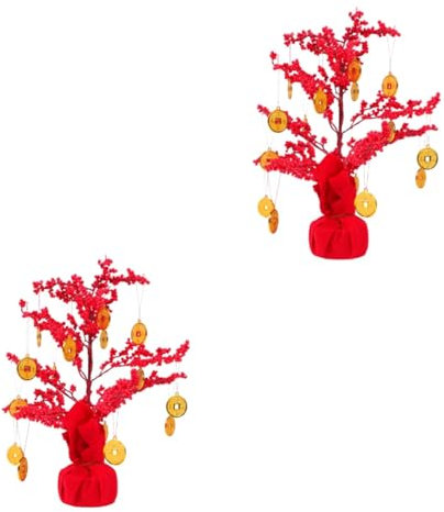 Zerodeko 2 Sätze Glücksbaum Frühlingskranz Kranzfeder für die Haustür Geldbäume Chinese New Year chinesisch neujahr Desktop dekorativer Geldbaum frühlingsfest tischdekoration Plastik rot