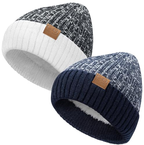 Beaulov 2 Pack Gorros de Invierno Hombres Mujeres Forro Polar Gruesa Suave Térmicos Sombreros Regalo Cómodos