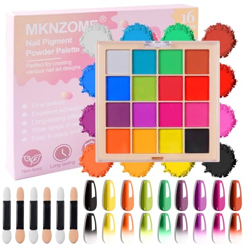 MKNZOME 16 Colori Polvere per Unghie, Pigmenti per Unghie Glitter Brillantini Bianco Nero Verde Rosso Blu per Unghie Francesine Decorazioni Nail Art, con 6 Applicatori a Doppia Punta