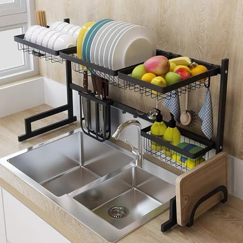 Willonin Köksställ diskställ, redskapsställ i rostfritt stål, idealisk organisatör för frukt, grönsaker, tallrik, 85–105 x 32 x 52 cm, svart