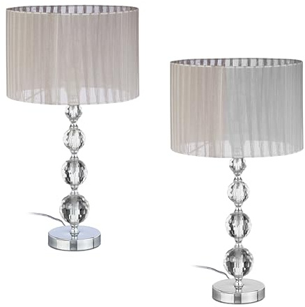 Relaxdays Lampada da Tavolo, Set da 2 Abat Jour con Base in Vetro e Paralume in Tessuto, E27, HxD: 53x29,5 cm, Argento