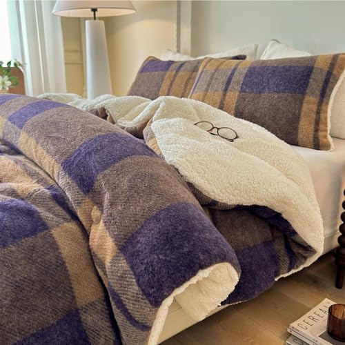 Cyusri Plaid Sherpa Comforter Set 3Pcs Fluffy Warm Fleece Down Alternative, Khaki Blue Grid Pattern Bedding Set with 2 Pillowcases, Queen Size 90x90