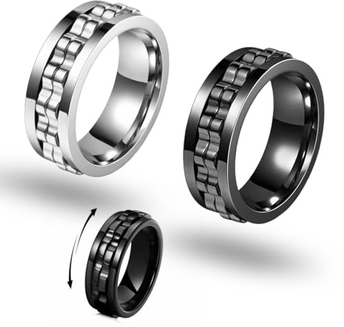 UIEXAY 2 Pezzi Fidget - Anello Antistress E Antiansia, 8 Mm, Lucidato, Accessori Alla Moda, Anello Uomo Regolabile, Anelli Uomo Acciaio Inossidabile, Regalo Per Uomini E Donne (Argento, Nero)