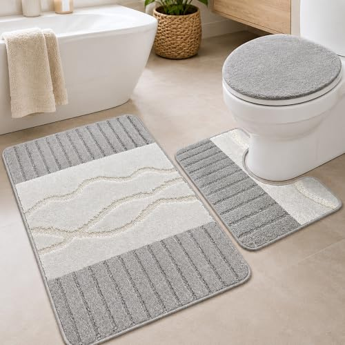 Decorator HOME Badteppich Set 3-TLG. Grau 50x80 cm & 50x40 cm | Rutschfest, Weich, Ideal für Fußbodenheizung