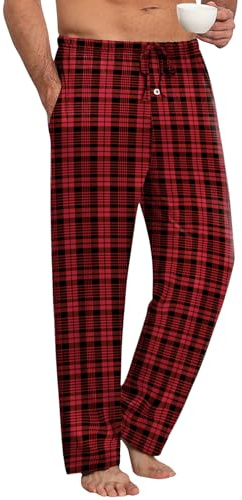 Ekouaer Pyjamasbyxor för män, rutiga pyjamasbyxor med fickrutiga byxor för män, pyjamas, S-3XL, Röd kontroll, S