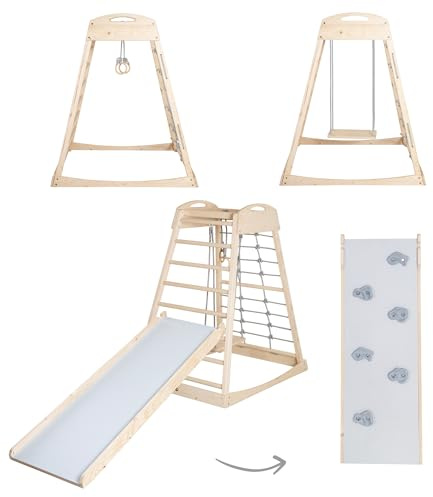 roba Tour d'Escalade Montessori d'Intérieur avec Planche 2-en-1 Glisse & Escalade, Filet & Barreaux, Balançoire et Anneaux – Dès 24 Mois – Jusqu’à 70 kg – Bois Naturel