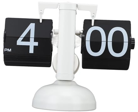 OEBUAFI Digital Flip Down Clock, Retro Flip Desk Clock Mechanical Vintage Auto with Internal Gear Operated 304 Stainless Steel for Home Livingroom (Single Leg White Frame Black Page)
