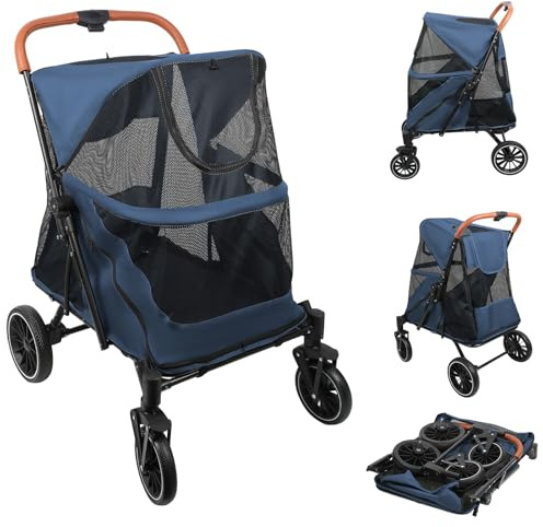 OHMG Stor hopfällbar hundvagn, hundvagn, mugghållare, säkerhetskoppel, hjul med 360° broms, nätfönster, aluminiumlegering, vagn för stora katter