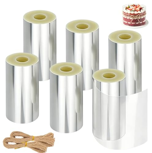 BJHYIZ 6 Rolle Tortenrandfolie 6cm Hoch, Tortenfolie Transparent Wiederverwendbar Tortenring Folie mit 2 Hanfseil Torten Folienrand Acetat Folie für Mousse Kuchen Schokolade Dessertringe