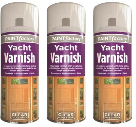 Paint Factory Yacht Varnish Spray, Clear Gloss Finish, All Purpose, Interior and Exterior, 250ml, Pack of 3