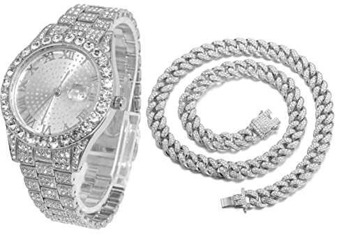 Halukakah Diamant Golduhr, Herren Platin Weiß Vergoldet 42MM Breite Rund Wählen Quarz Armband 24cm mit Kubanischer Link Kette 45cm Halskette Set, mit Geschenkbox