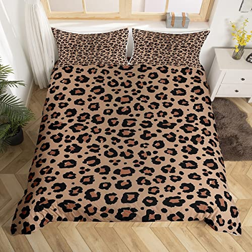 Loussiesd Schwarz Braun Leopard Bettwäsche Set 135x200cm Luxus Leopard Drucken Betten Set für Kinder Erwachsene Afrika Gepard Drucken Bettbezug Set Safari Tierfell Muster Zimmer Dekor 2St