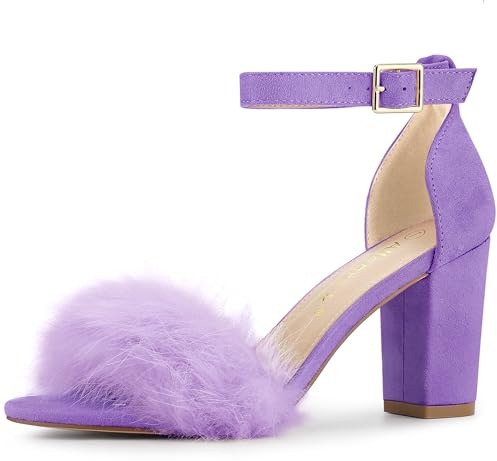 Allegra K Women Faux Suede Faux Fur Ankle Strap Buckle Block Heels Sandals | ABS block heel. Open toe with feather trim. Easy casual styling. 3 1/3 inch height. Comfortable fit