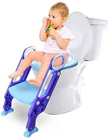 Gimisgu Toilettensitz Kinder mit Treppe Kinder Toilettensitz Höhenverstellbar Toilettentrainer Töpfchentrainer Kindertoilette WC Sitz Lerntöpfchen mit Kissen und Griffen blau