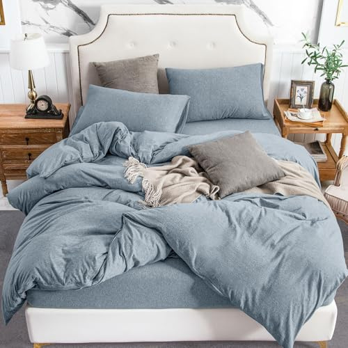 PURE ERA Jersey Knit Duvet Cover Set 100% T-Shirt Cotton Super Soft Comfy 3pc Bedding Set with Zipper Closure (Heather Blueish Grey, Full)