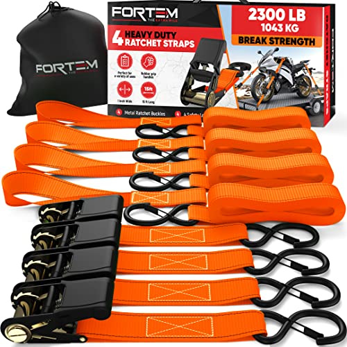 FORTEM Sangle a cliquet, Sangles d'arrimage à cliquet 4x4,5 m (Résistance 1043 kg), Sangle demenagement, Moto, remorque, Camion, 4 Boucles Souples, Crochets Métal Enduit, Sac inclu