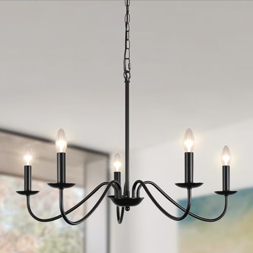 ASHUAQI Black Chandelier, 5 Lights Chandeliers Ceiling Light, E14 Base Pendant Light Fitting Industrial Vintage Black Ceiling Lights for Living Room, Kitchen, Bedroom, Hallway, Dining Room