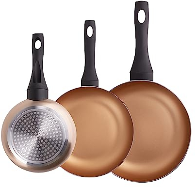 Set 3 sartenes 18, 20 y 24 cms, en aluminio prensado, aptas para inducción, colección Cobre