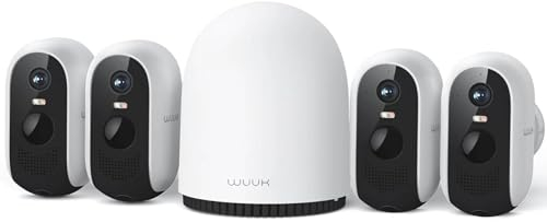 WUUK 2K Wireless Outdoor Security Camera, 32GB Local Storage Base Station, No Monthly Fee, Battery Operated Camera, Night Vision, Home Security Camera System, Compatible with Alexa & Google, 4-Cam Kit
