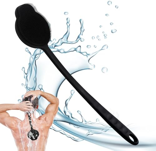 Brosse à dos en silicone pour douche avec long manche – Brosse corporelle améliorée pour exfoliation et massage, crée plus de mousse – Pour homme et femme