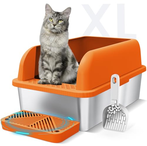 Geschlossene Katzentoilette aus Edelstahl mit Deckel, extra große Katzenbox für große Katzen, XL-Metallstreuschale mit hohen Seiten, Umrandung, auslaufsicher, leicht zu reinigen (Orange)