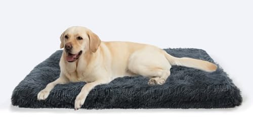Hundebett für Große Hunde 100 ×60cm Hundematratze aus Eierschaum Dunkelgrau | 10 cm Eierschaum, weicher Langplüsch, extra Liegefläche, waschbar, rutschfeste Unterseite für große Hunde bis 35 kg