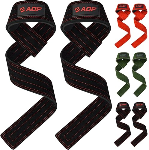 AQF Premium 100 % mocka läder tyngdlyftningsremmar – handgjorda, neoprenvadderade kraftiga gym Lasso lyftremmar för dödlyft, rader, pull-ups extra lång (svart)