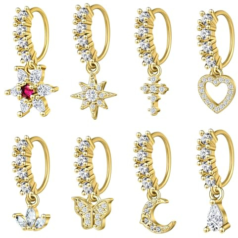 Calkkrer Lot de 8 piercings de nez, septum dorés, pour lèvres, faux septum, anneau de nez avec fleur, étoile, papillon, tragus, hélix, cartilage