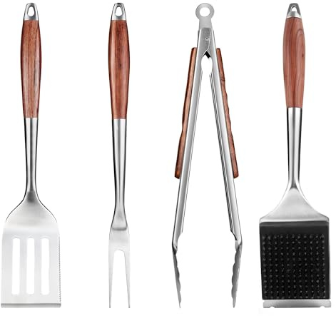 FJNATINH Grillzubehör Set aus Edelstahl mit Holzgriff,4-teiliges BBQ Werkzeug Set inklusive Grillzange, Spatel,Edelstahlbürste und Gabel, Praktischer Flaschenöffner-Ideal zum Grillen und als Geschenk