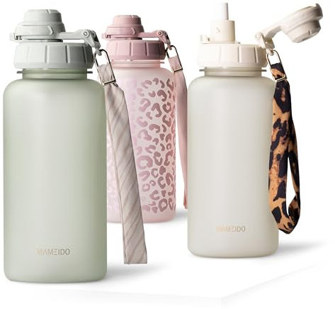 MAMEIDO Botella con pajita y marcador de tiempo 1 litro, Botellas de agua a prueba de fugas, Botella agua niños sin BPA, Botella agua gimnasio fabricada en Tritan, Water Bottle (Desert Sage)