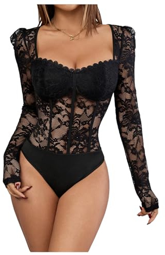 OYOANGLE Women's Floral Lace Long Sleeve V Neck Corset Mesh Leotard Bodysuit Sweetheart Neck Going Out Slim Fit Tops Jumpsuit Black Large