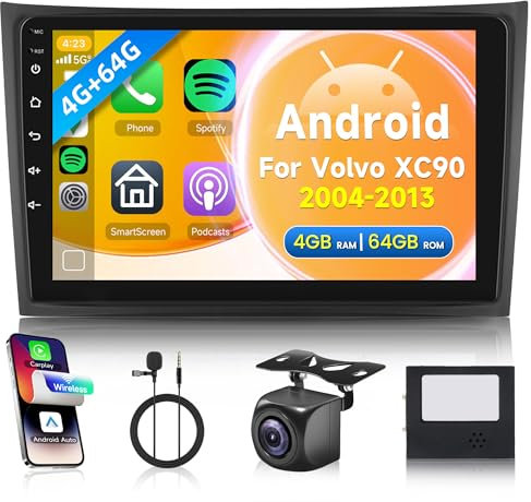 4G 64G Android Car Stereo for Volvo XC90 2004-2013 with Carplay Android Auto, Rimoody 10.1 Inch Touch Screen Car Radio with GPS Navigation Bluetooth FM RDS WiFi Backup Camera