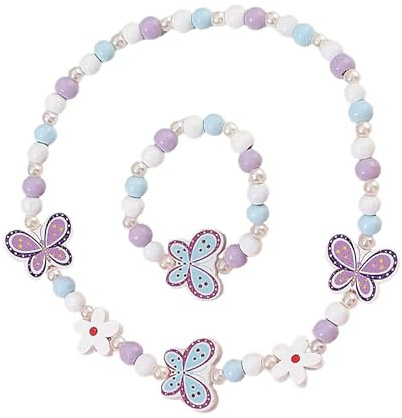 Azlanway Parure de bijoux 2 pièces pour enfants - Collier et bracelet en bois avec motif papillon - Bijoux élastiques pour enfants - Accessoires colorés pour anniversaire, fête, déguisement et cadeau