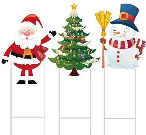 PANTSLINE 3 Piece Christmas Decorative Metal Stakes 29 Inch Yard Metal Snowman, Christmas Tree and Santa Claus for Outdoor Decorations, for Front Door, Lawn, Garden, Patio