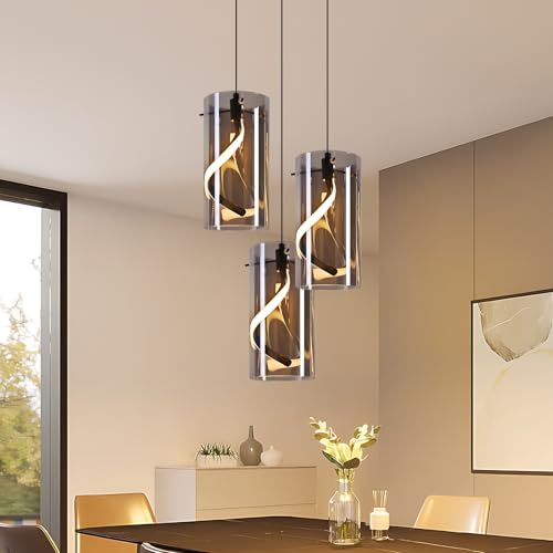 Laittiin LED Hängelampe Esstisch 3-flammig 33W Hängelampe aus Rauchglas | Höhenverstellbare Pendellampe Vintage Industrial, Warmweiß 3000K, Moderne Esstischlampe für Esszimmer, Küche und Wohnzimmer