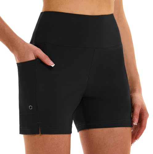 HODOSPORTS Women's 5'' Swim Board Shorts High Waisted Quick Dry Swimsuit Bottoms with Liner Pockets Bathing Suit Trunks Side Split Black XL
