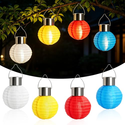 4PCS Solar Lights Outdoor Garden,11cm Hanging Solar Lanterns-Nylon | Multi-Coloured Chinese Lanterns-Warm White LED- Waterproof IP44-Chinese Oriental Style Lantern for Outdoor Garden Decor