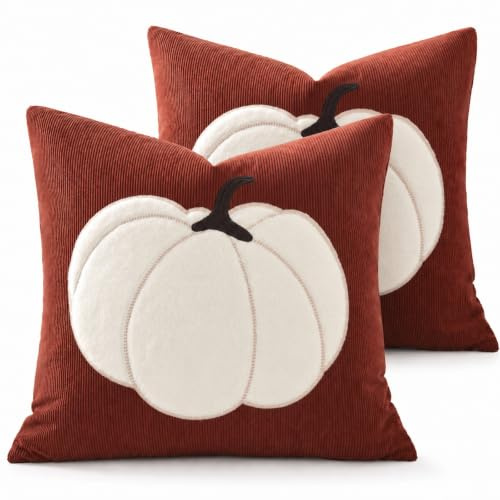 ZWJD Funda Cojin Otoño 50x50 de 2 Unidades, Fundas de Cojín de Tela Suave de Pana con Calabaza de Felpa, Cojines Decorativos Herrumbre para Sofá, Salón, Dormitorio, Funda Cojines de Gracias y Otoño