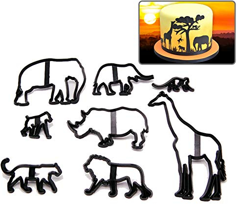 DUYT Lot de 8 emporte-pièces en plastique avec silhouette d'animal pour fondant, décoration de gâteau, modélisation, pâtisserie, biscuits, éléphant, girafe, lion