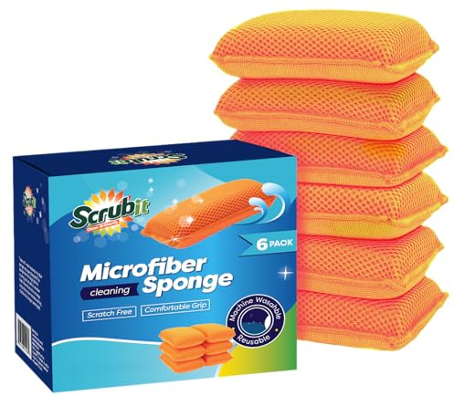 Commercial Miracle Microfiber Kitchen Sponge by Scrub-It - Large - Non-Scratch Heavy Duty Dishwashing Cleaning sponges- Machine Washable- (Orange, 6 Pack)