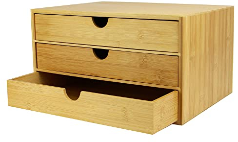 Bamboo Desktop Drawer Organiser – 3 Drawers Storage Unit for Stationery, Office Supplies, Makeup & Desk Tidy | Eco-Friendly Wooden Storage Box | M&W