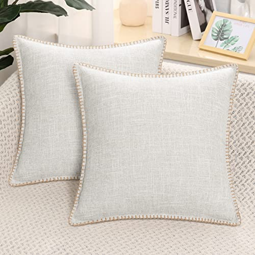 decorUhome Set of 2 Linen Cushion Covers 45X45cm,Decorative Outdoor Plain Vintage Cushion Covers with Stitched Edges, Square Farmhouse Neutral Pillow case 18x18 Inch for Sofa, Beige