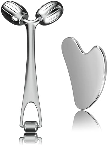 Yeamon Face Massager, Metal Face Roller Gua Sha Massage Tool for Face Neck Eye Body Skin Care, Facial Roller for Women