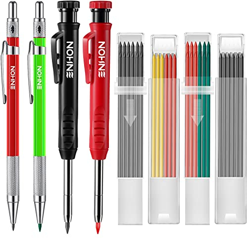 Enhon Holzbearbeitung Druckbleistift Set 4 Schreiner Bleistifte mit 40 Minen, Tieflochmarker Bleistifte mit Eingebautem Spitzer Holzbearbeitung Markierungswerkzeug (Grün, Rot, Schwarz, Gelb)